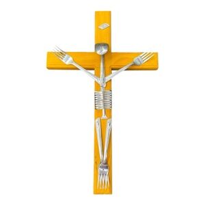 Unique Flatware Silverware Fork Spoon Cross Art Wooden Metal Wall Hanging
